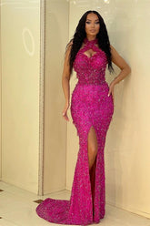 Gorgeous Halter Fuchsia Evening Dress - Mermaid Sleeveless Sequins Party Dress with Slit